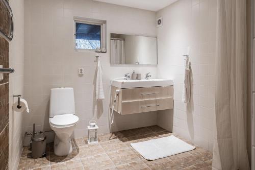 Baño blanco con aseo y lavamanos en the Little Oasis In Gothenburg, en Gotemburgo