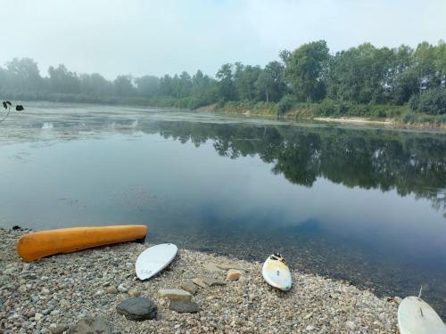 a group of surfboards on the shore of a river at Mosti`s Häuschen am See in Donnersdorf