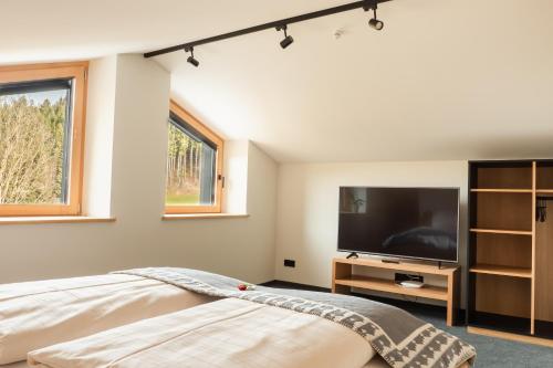 a bedroom with a flat screen tv and a bed at Alte Bildhauerei in Aurach bei Kitzbuhel
