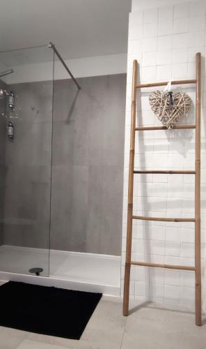 a shower with a glass door and a ladder at Casa das Falcoeiras - Estúdio com terraço privado in Aveiro