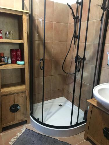 een douche in een badkamer met een wastafel bij Chalupa Soľ nad zlato in Lazisko