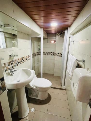 a bathroom with a white toilet and a sink at Hermoso apartamento en Baños de Agua Santa in Baños