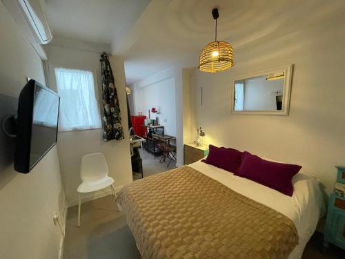Schlafzimmer mit einem Bett mit roten Kissen und einem TV in der Unterkunft Estudio Jardines de Colón in Córdoba