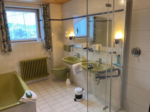 a bathroom with a glass shower and a sink at Knusperhäusle Reckenberg in Bad Hindelang
