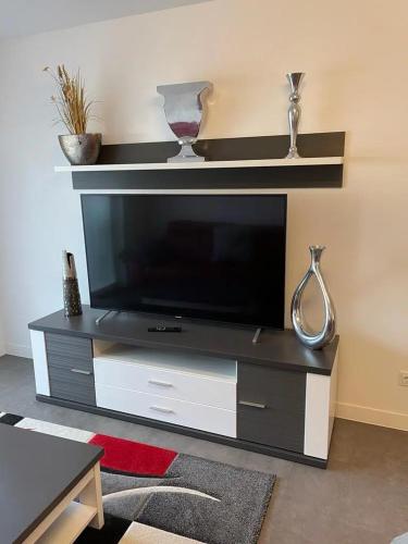 a black and white entertainment center with a flat screen tv at Ferienhof Elbaue in Schönebeck