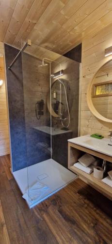 a bathroom with a shower and a sink at Utopia Village - Art & Nature Lodges in Mons