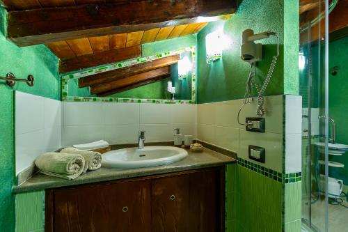 a green bathroom with a sink and a shower at Affittacamere Is Coronas in Ìsili