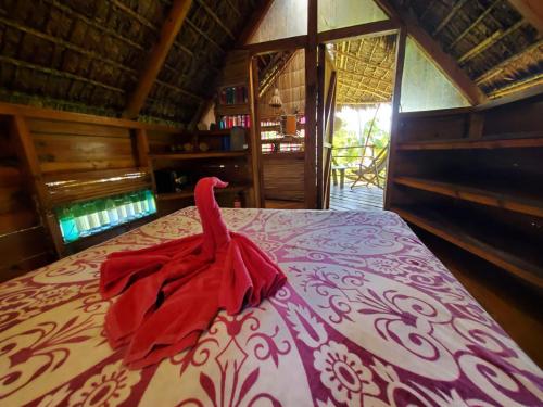 un uccello rosso seduto sopra un letto di Derek's Place Eco-Lodge a Little Corn Island