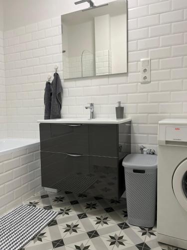 a bathroom with a sink and a mirror at Móriczka Apartman in Hódmezővásárhely