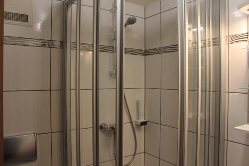 a shower with a glass door in a bathroom at Airport-Hotel zum Taubengrund in Kelsterbach