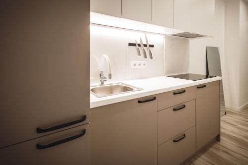 a white kitchen with a sink and a counter at Bearsleys Knights Apartments in Rīga