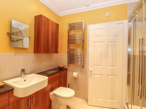 a bathroom with a toilet and a sink and a shower at Brundall House in Norwich
