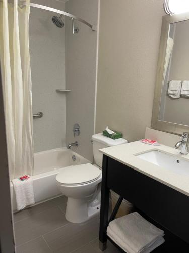 a bathroom with a white toilet and a sink at Econo Lodge Cartersville-Emerson Lake Point in Cartersville