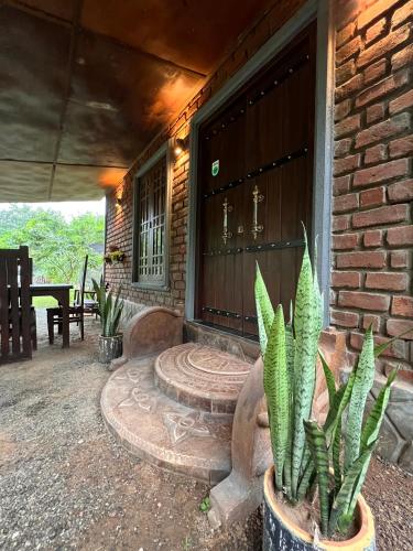 a porch of a house with a bench and plants at Ceylon Resort in Wilpattu