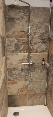 a shower with a glass door in a bathroom at La Maisonnette de vacances avec piscine privée pour 2 pers in Lorgues