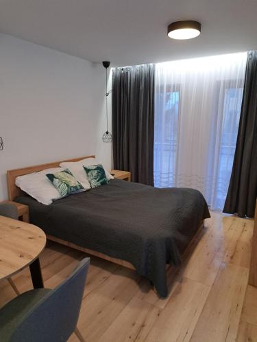 um quarto com uma cama, uma mesa e uma janela em Apartamenty Zielony Liść em Ciechocinek