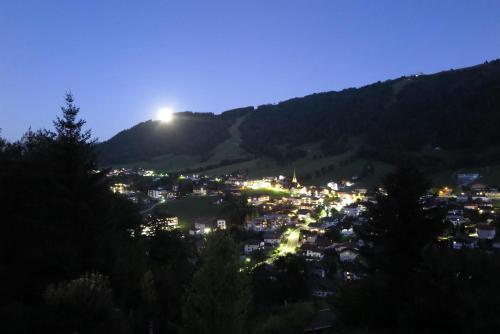 a view of a town at night with the moon at Panoramachalet Tirolernaturschlaf in Wildschönau
