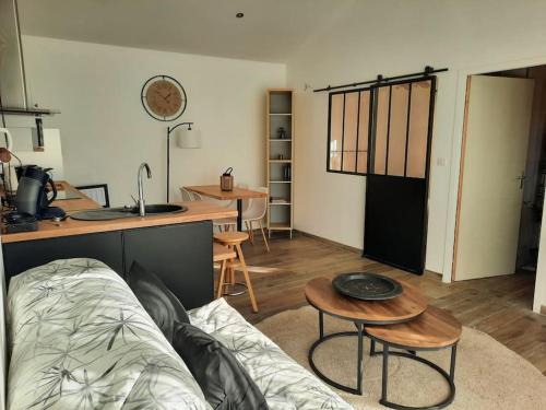 un salon avec un canapé et une table dans l'établissement Les Amandiers, à Biscarrosse