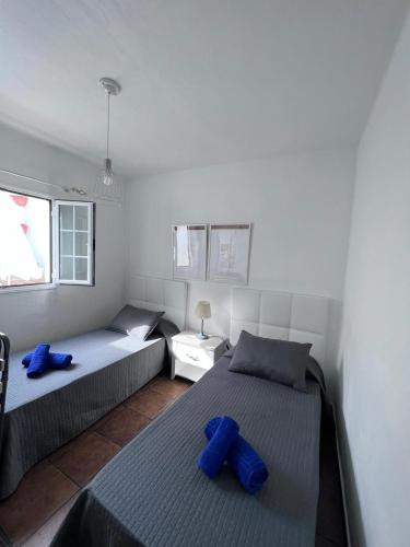 two beds in a room with two blue pillows at La casita de Yolanda in Caleta de Sebo