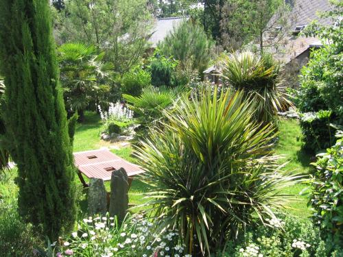 a garden with a table and some plants at Gîte Palis L'école d'antan in La Gacilly
