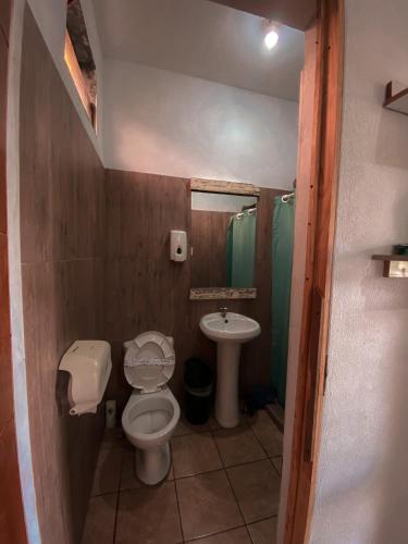 a small bathroom with a toilet and a sink at Hotel Maya Jade in Monterrico