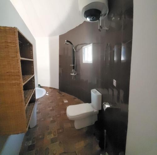 a bathroom with a toilet and a sink at The White House Lodges in Brufut