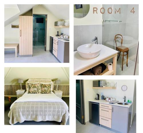 un collage de fotos de un baño con cama y lavabo en Kasteelberg Place • Stay, en Riebeek-Kasteel