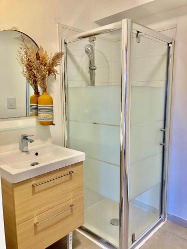 une salle de bain avec douche et lavabo dans l'établissement Bastia sud , Quartier residentiel, à Bastia