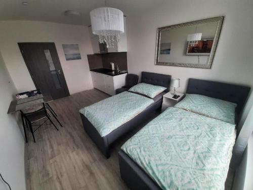 a bedroom with two beds and a mirror at Luxusní apartmán Rezidence 1351 in Pardubice