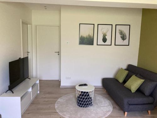 a living room with a couch and a tv at Casa Cremer in Übach-Palenberg