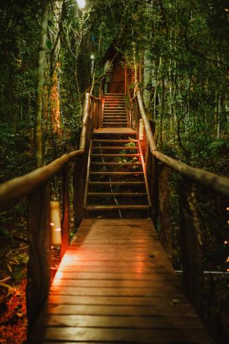 a wooden staircase in a forest with lights on it at Cabañas complejo Ysyry Misiones in Puerto Victoria