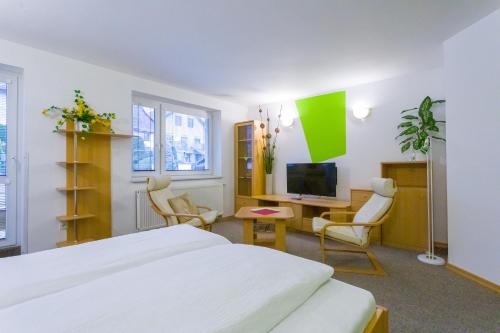 1 dormitorio con 1 cama, escritorio y TV en Pension Kraus en Litomyšl