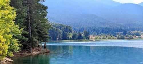 a view of a lake with trees and mountains at La Casa in Mesinón