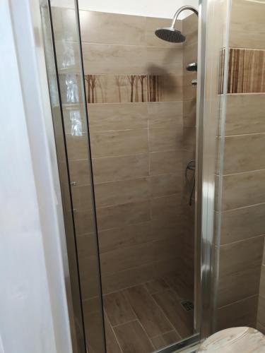 eine Dusche mit Glastür im Badezimmer in der Unterkunft Zselic Szíve Parasztház in Simonfa
