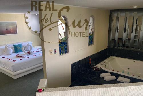 a hotel room with a tub and a bed at Hotel Real del Sur in Mexico City