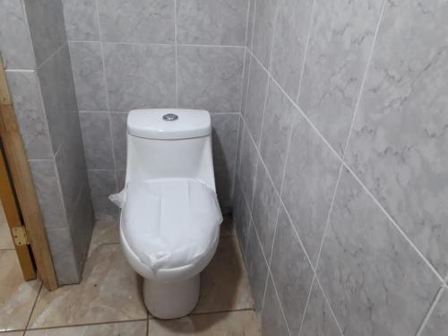 a bathroom with a white toilet in a tiled wall at Departamento Rayen Karu in Puerto Montt