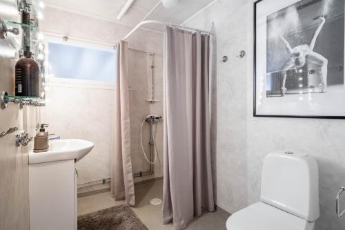 een badkamer met een toilet, een wastafel en een douche bij Spacious Villa located in Beautiful High Coast in Domsjö