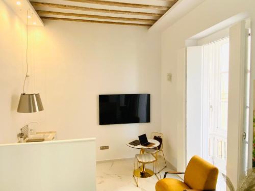 sala de estar con TV en la pared en inncadizcasa Señorial de Rivadavia, en Cádiz
