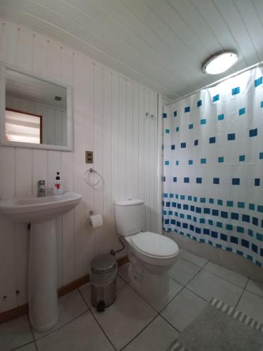 a bathroom with a white toilet and a sink at Hostería Alemana in Villarrica