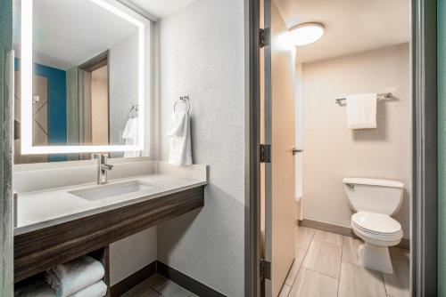 a bathroom with a sink and a toilet and a mirror at Holiday Inn Express & Suites Phoenix - Mesa West, an IHG Hotel in Mesa
