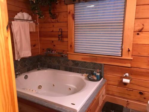 een badkamer met een bad in een cabine bij Glens of Antrim Mountain Cabin in Waynesville