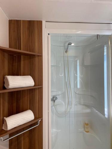 a bathroom with a shower and a glass shower stall at Casinhas dos Valados in Atouguia da Baleia