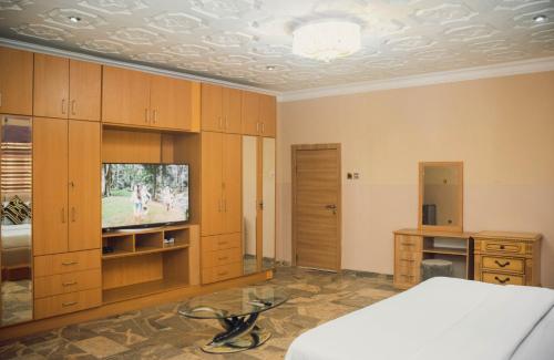 1 dormitorio con 1 cama y TV. en J's Place, en Abuja
