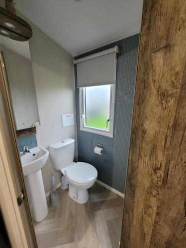 a bathroom with a toilet and a sink and a window at Q8 ocean edge caravan park in Heysham