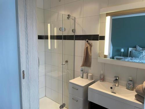 a bathroom with a shower and a toilet and a sink at Ferienvermietung Strandnah in Großenbrode