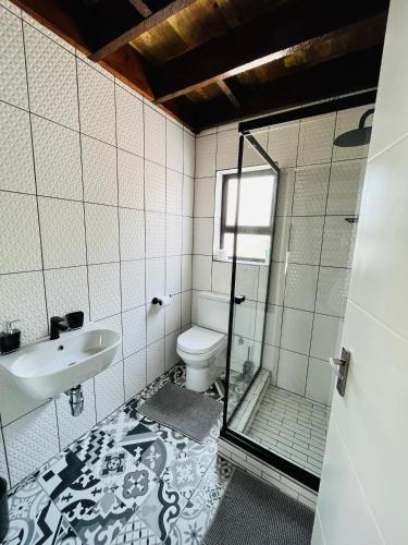 a bathroom with a shower and a toilet and a sink at Kates Nest Guesthouse Oshakati in Oshakati