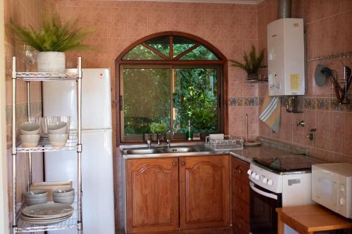 een keuken met een wastafel en een raam bij Cabañas Montenegro in Villarrica