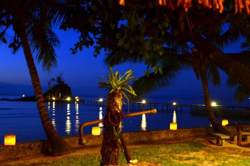 a view of the ocean at night with palm trees at Libertalia Hotel in Sainte Marie