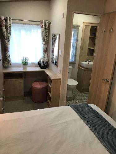 ein Schlafzimmer mit einem Bett, einem Waschbecken und einem WC in der Unterkunft The Roecliffe in Downton