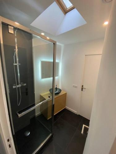 une salle de bain avec une douche avec un lavabo et des toilettes dans l'établissement Apartment in hyper center - 3 bedrooms, à Arles